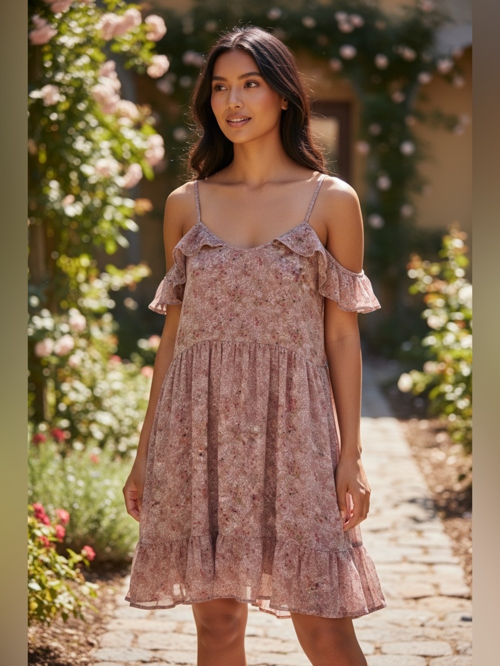 Umgee Dusty Rose Floral Cold-Shoulder Mini Dress